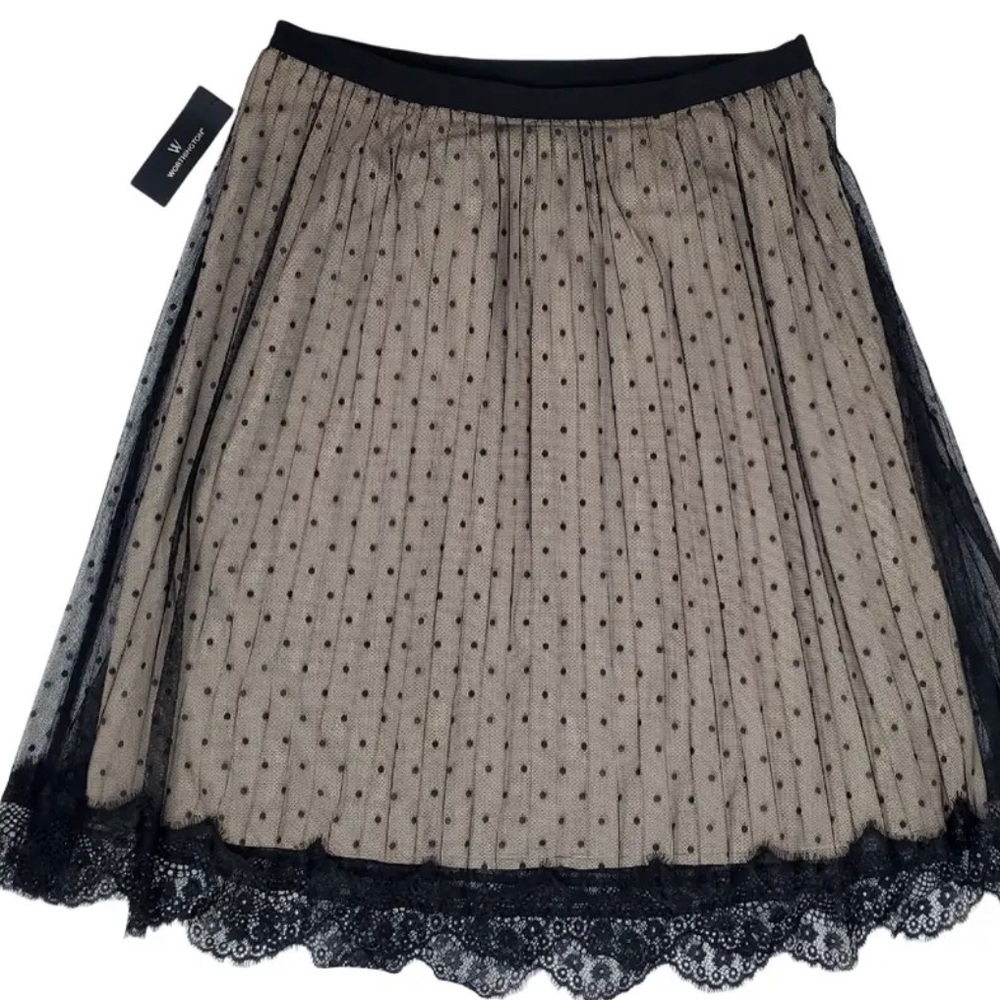 Worthington Sz 10 Lined Sheer Lace Trim Black Pleated Knee-length A-line Skirt